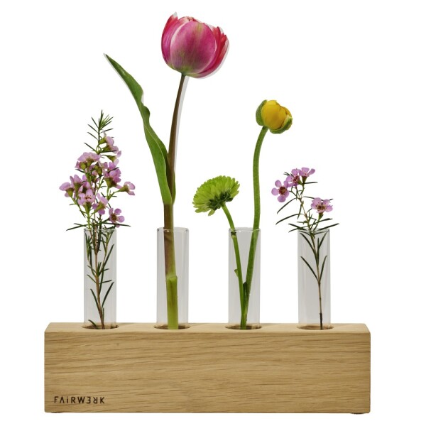 Holzvase - Eiche 4 Glasröhrchen